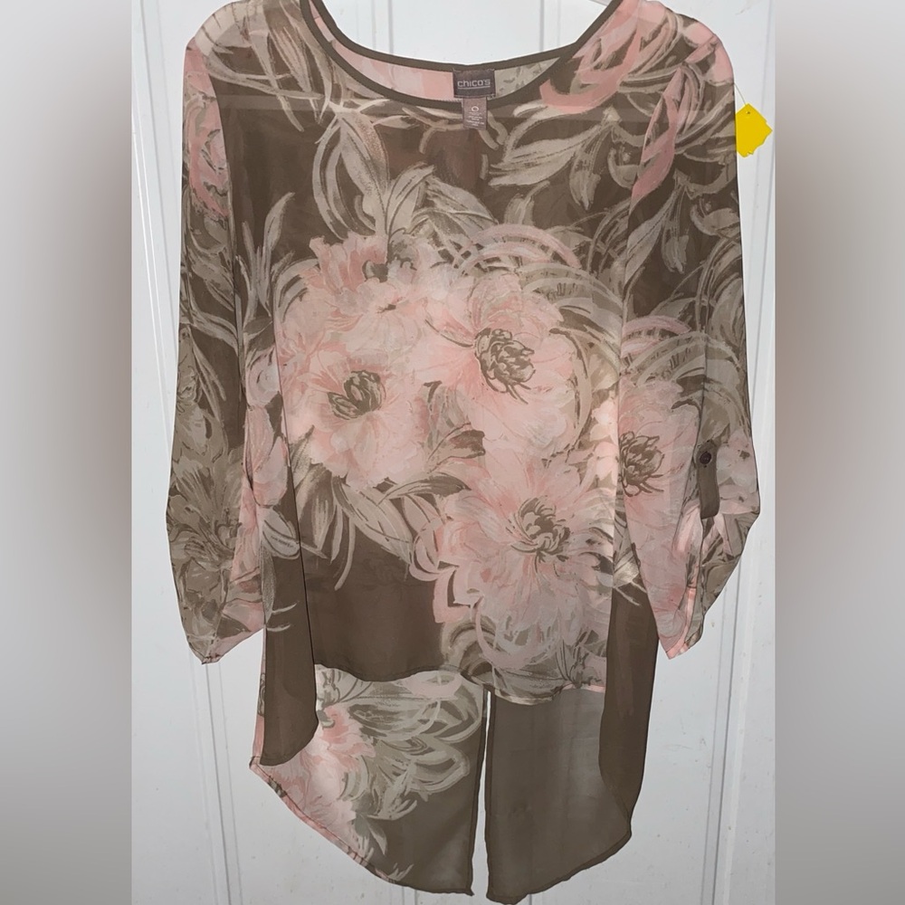Chico's Asymmetrical Pink and Brown 3/4 Sleeve Blouse